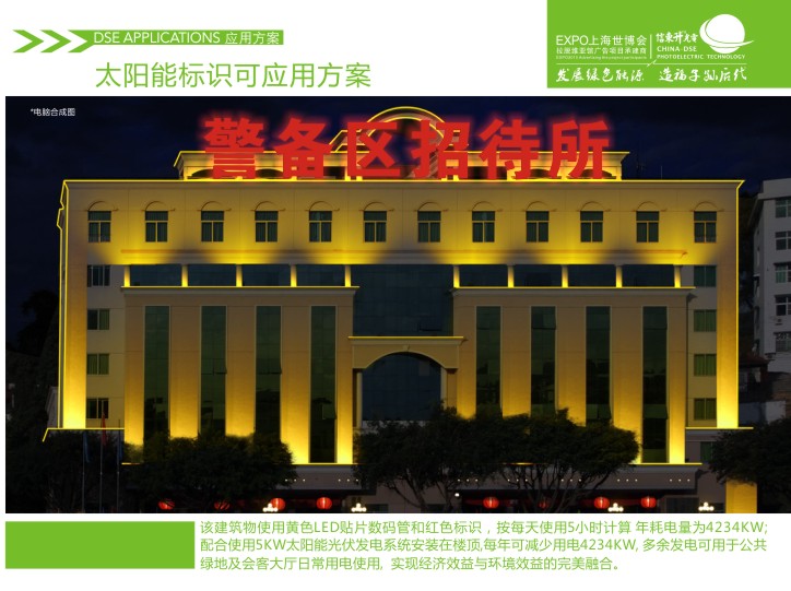13.该建筑物使用黄色LED贴片数码管和红色LED标识,按每天使用5小时计算年耗电量4234KW,配合使用5KW太阳能光伏发电系统安装在楼顶,每年可减少用电4234KW,多余发电可用于公共绿地及会客大厅日常用电使用,实现经济效益与环境效益的完美结合光伏建筑/光伏建筑一体化/建筑光伏一体化/