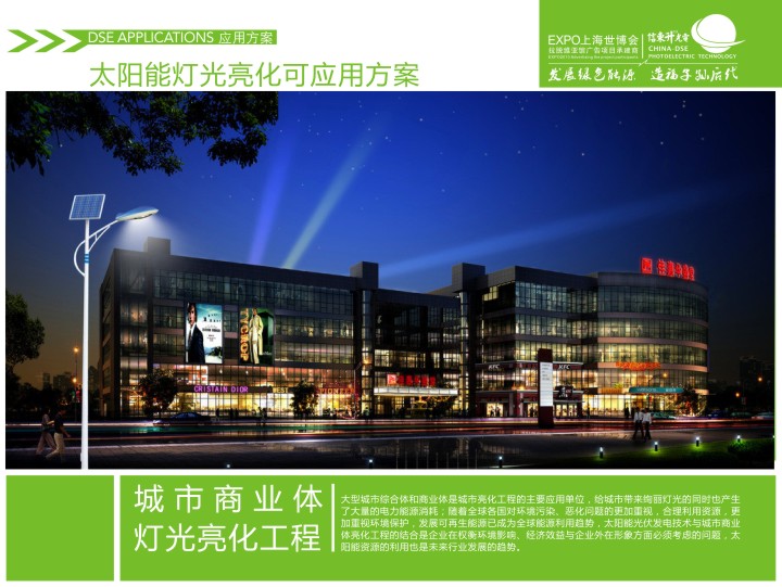 14.大型城市综合体和商业体是城市亮化工程的主要应用单位,给城市带来绚丽灯光的同时也产生了大量的电力能源消耗;随着全球各国对环境污染、恶化问题的更加重视,合理利用资源,更加重视环境保护,发展可再生能源已成为全球能源利用趋势,太阳能光伏发电技术与城市商业体亮化工程的结合是企业在权衡环境影响、经济效益与企业外在形象方面必须考虑的问题,太阳能资源的利用也是未来行业发展的趋势BIPV/BIPV光伏建筑/太阳能路灯/太阳能信号灯/